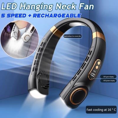 Gen 2 5-скоростной портативный шейный вентилятор с ледяной керамикой USB ручной бесшумный светодиодный цифровой дисплей безлистный мини-электрический вентилятор + фонарик