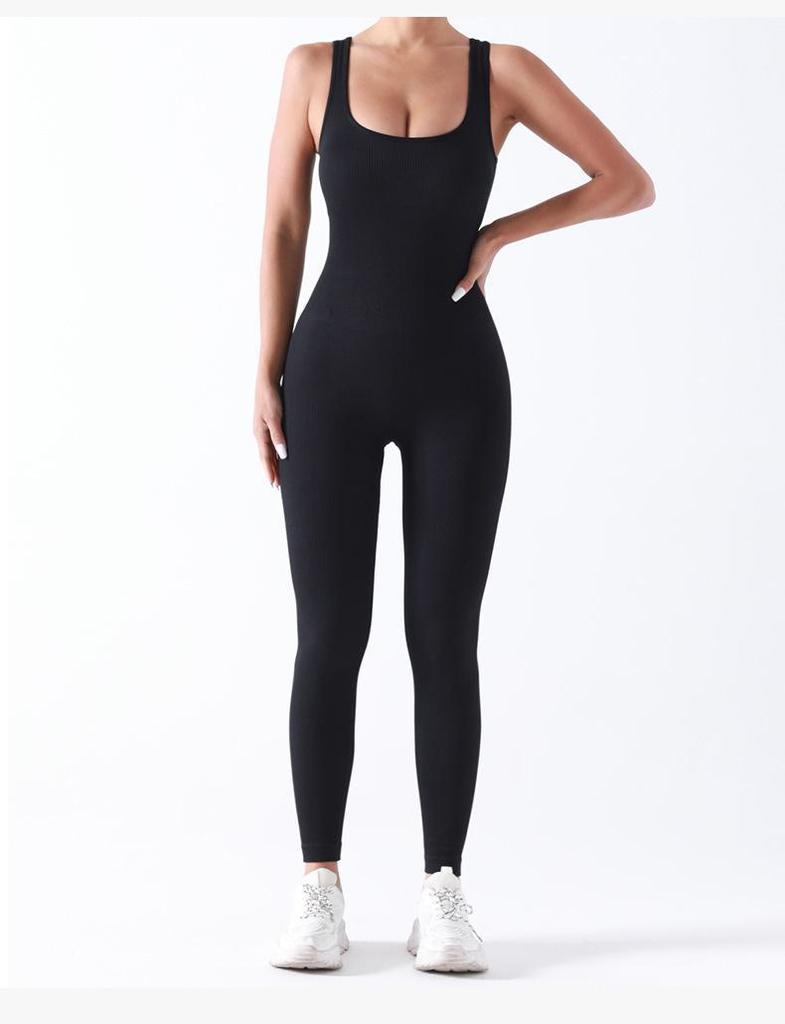 Double-Layer Ribbed Jumpsuit with Chest Pad - Seamless Sportswear for Yoga & Fitness