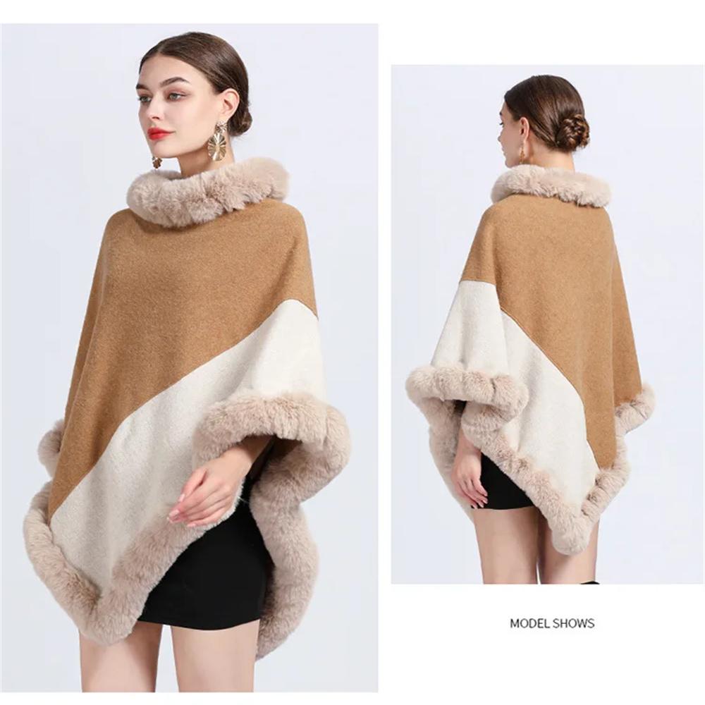 Winter Faux Rabbit Fur Cloak Women Triangle Beige Camel Contrast Color Poncho Fashion Cape Loose Pullovers Outstreet Wear Coat