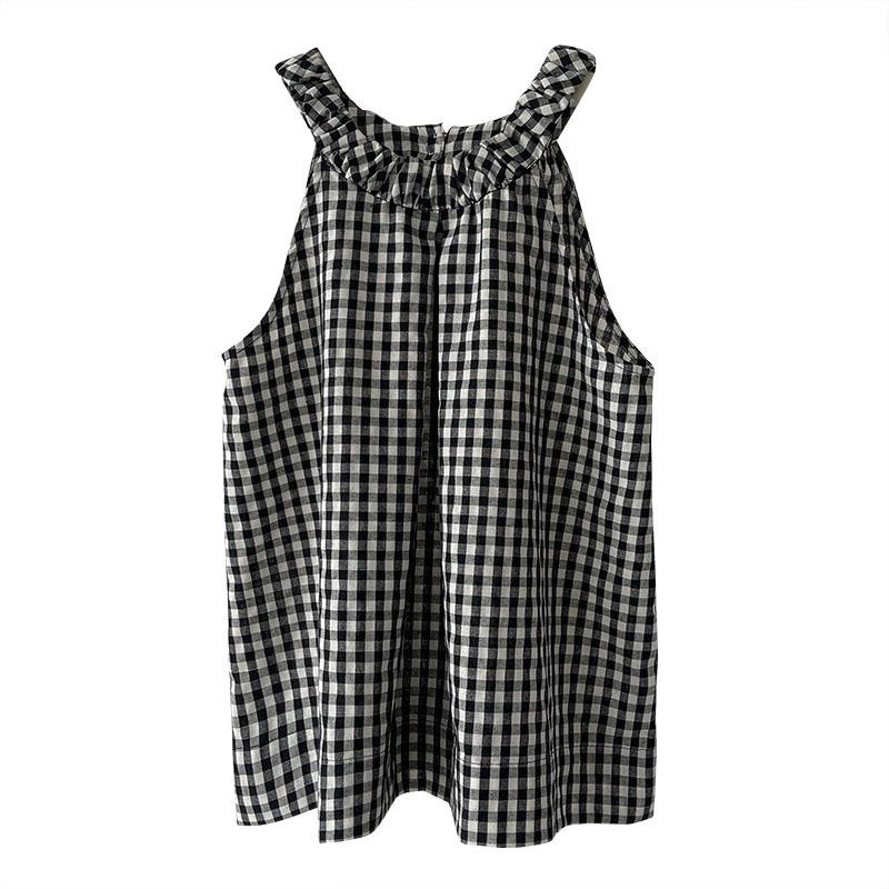 Ретро клетчатый топ-камезоль на халтере, черно-белый, весна/лето 2025