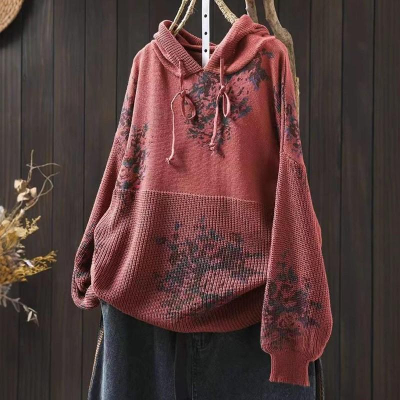 Johnature Женские винтажные вязаные свитера с капюшоном, принтованные цветочные ткани, весенние свободные мягкие свитера с длинным рукавом