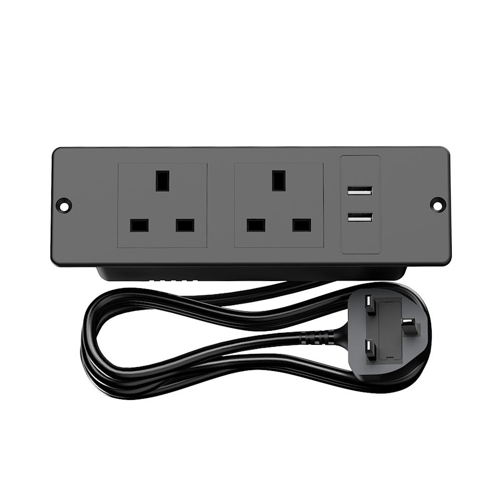 Recessed Power Strip 2 AC Outlets 2 USB A Ports 1.5m Extension Cord Flush Mount Desktop Charging Station for Home Office Furniture