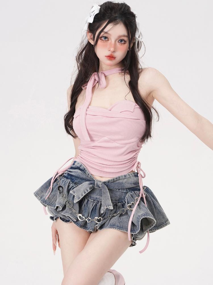 Джинсовая плиссированная юбка с бантом и тортом, американская команда поддержки, трапециевидной формы для девочек, синяя мини-юбка с высокой талией и галстуком-бабочкой, женская