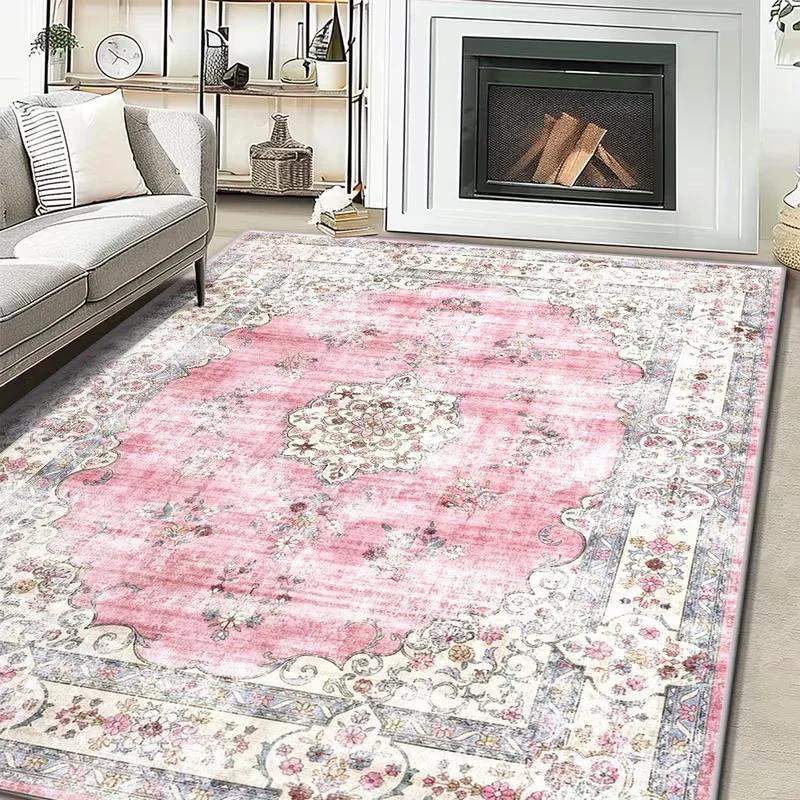 Modern Blue Pink and Green Bohemian Rug Washable NonSlip Soft Living Room Bedroom Dining Area Pet Friendly Carpet Home Floor Mat