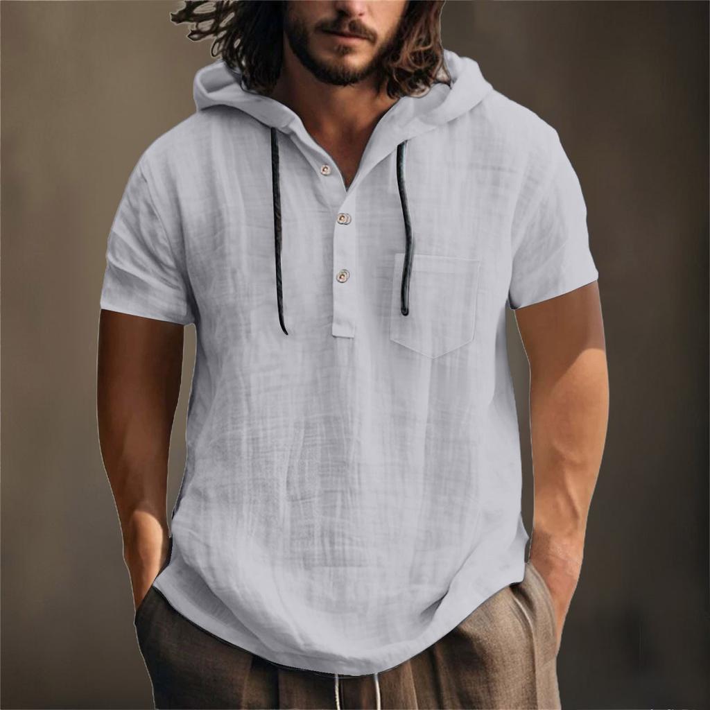 Мужская летняя хлопковая конопляная хлопковая тонкая повседневная однотонная свободная куртка с капюшоном и коротким рукавом