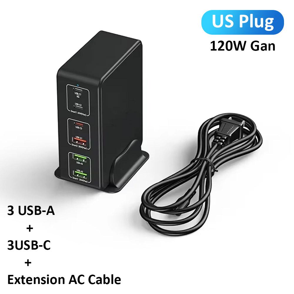 QC3.0 PPS PD 65W 6-портовая зарядка Gan 120W Зарядная станция 3C+3A для iPhone Samsung Xiaomi Смартфон Ноутбук Настольный ПК Быстрая зарядка