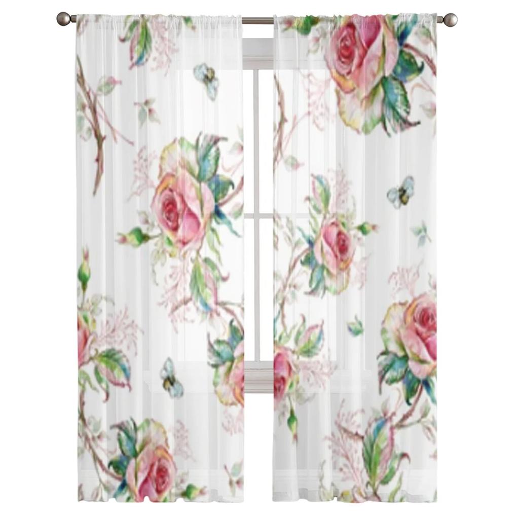 Тюль с рисунком розы и пчелой, оконная занавеска для гостиной, спальни, вуаль, прозрачные шторы, кухонные шторы, занавески