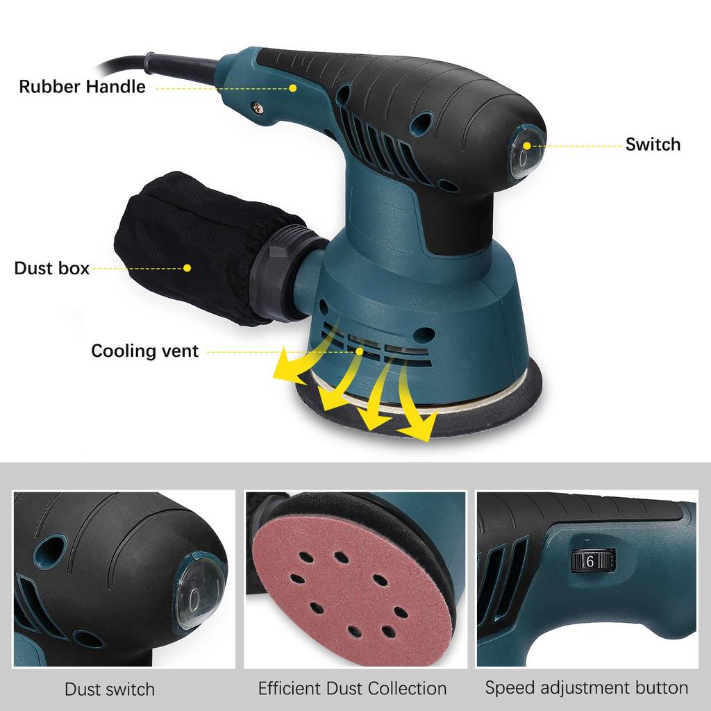300W Handheld Electric Eccentric Sander 5 Inch 125mm Sanding Plate Electric Sander Wood Processing