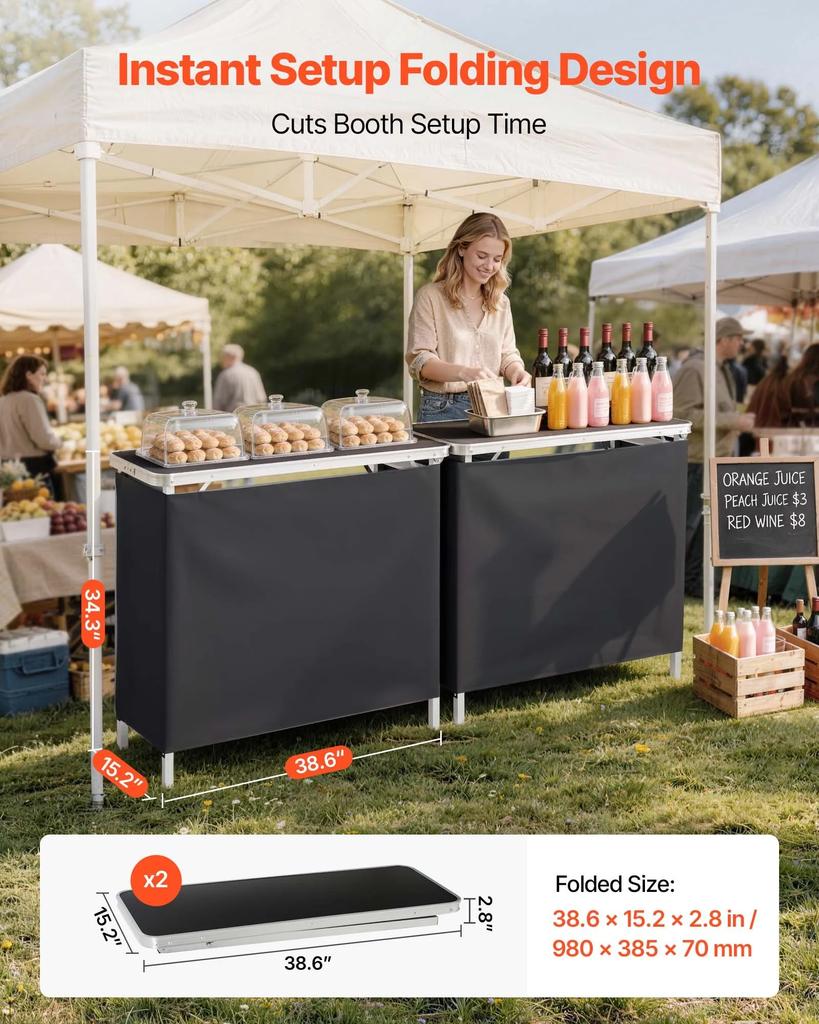 VEVOR Folding Portable Bar Table, 2 pcs, 980 x 385 x 870 mm, with Carry Bag, Storage Shelf, Detachable Skirt, Quick and Easy Setup