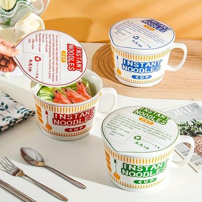 Большая миска для лапши быстрого приготовления с крышкой, красочная керамическая миска для рамена, хлопьев с ручкой, пригодная для микроволновой печи, идеально подходит для общежитий и домашнего использования