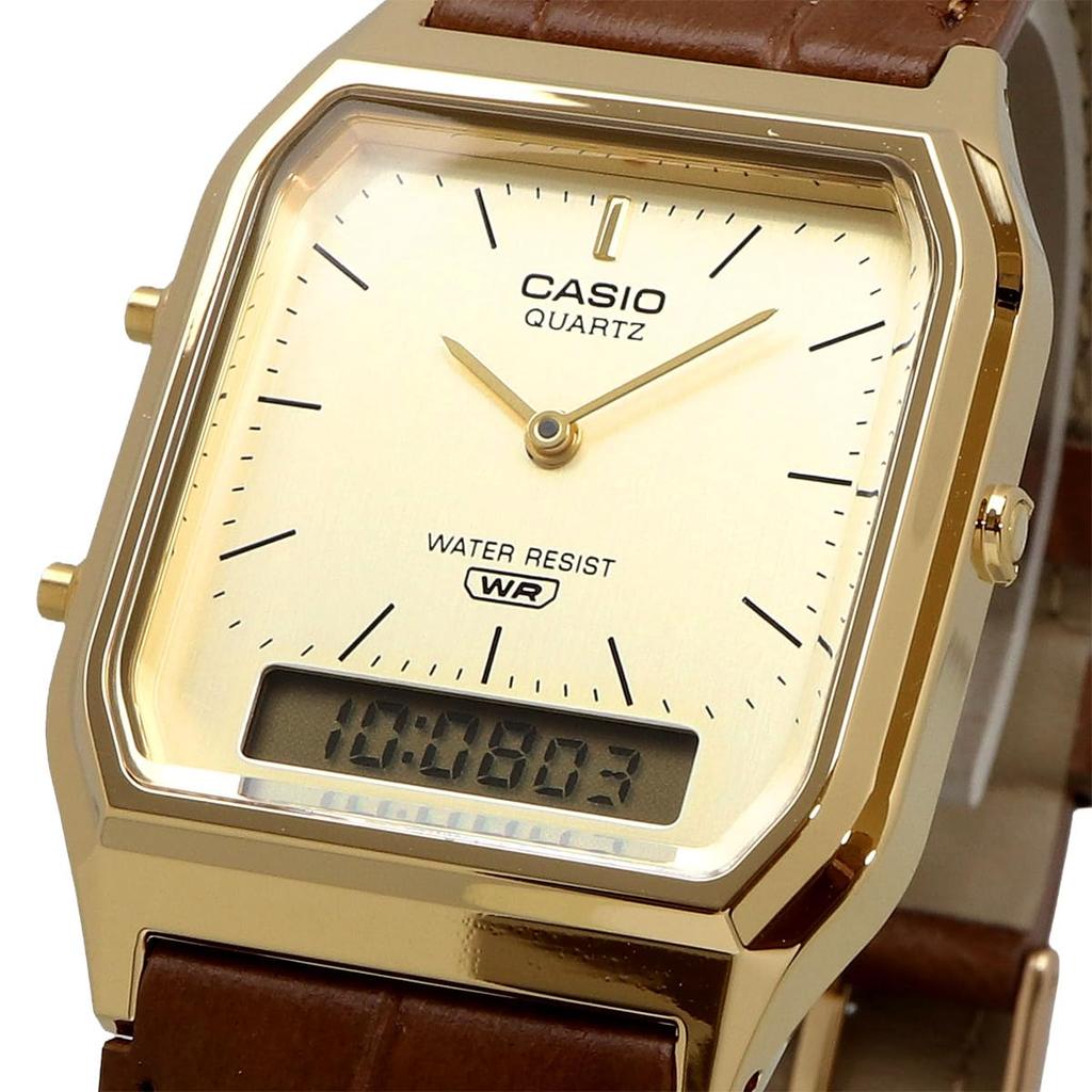 CASIO Ana-Digi Quartz Watch Vintage Series AQ-230EGL-9A Unisex Dual Time Gold Brown Leather Band Overseas Model