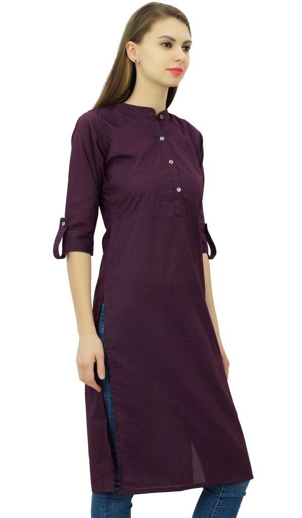 Phagun Cotton Plain Kurti Tunic Mandarin Collar Ethnic Casual Kurta Blouse