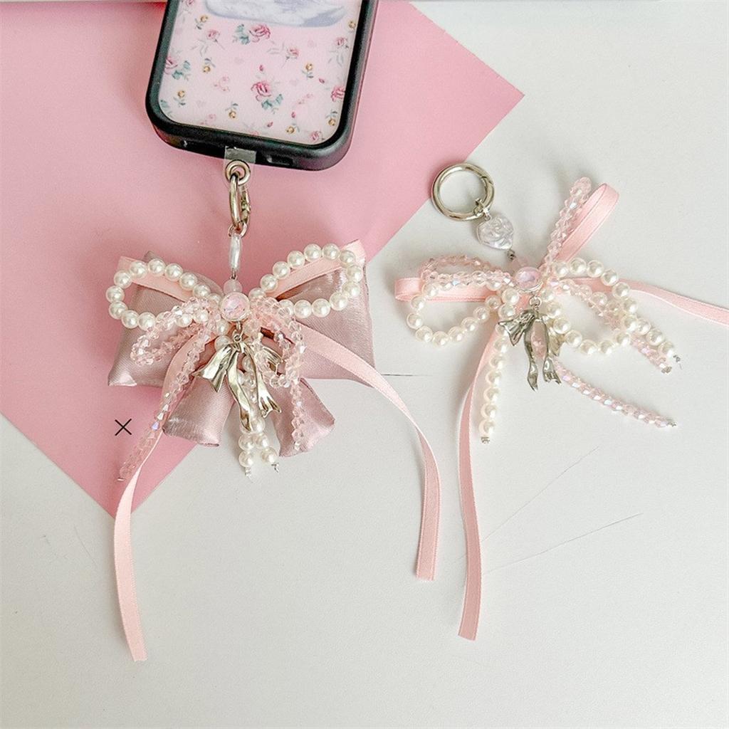 Elegant White Bowknot Keychain With Pearls Accent Sweet Charm Backpack Rings Handmade Jewelry Bag Pendant Gift for Women