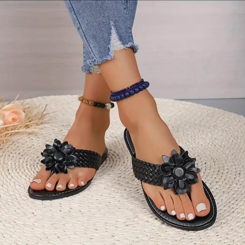 Женские цветочные плоские шлепанцы женские сандалии женские тапочки в стиле бохо с плетеной тесьмой туфли с открытым носком, повседневные нескользящие шлепанцы