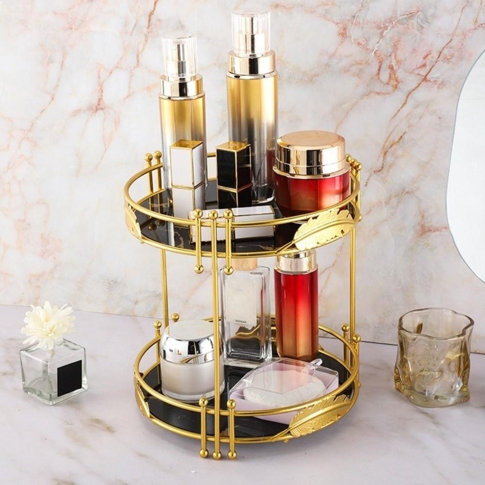 2 Tier Desktop Shelf Gold Plated Jewelry Tray Makeup Organizer For Cosmetics Jewelry Storage