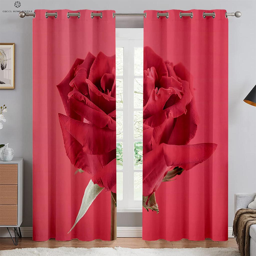 Romantic Rose Red Retro Print Curtain, Rod Pocket Curtain, Bedroom, Living Room, Kitchen, Outdoor Decorative, 2 Pieces