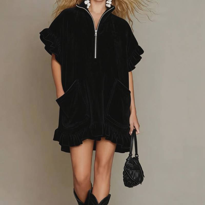 Streetwear A Line Dress With Zipper And Ruffle Sleeves For Casual Travel Or Party