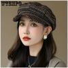 Women Plaid Octagonal Hat Ladies Winter Autumn Round Face Warm Thickened Fleece Painter Cap