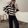 Женский полосатый трикотажный костюм в стиле ретро 2024 года свободного кроя с отворотами
