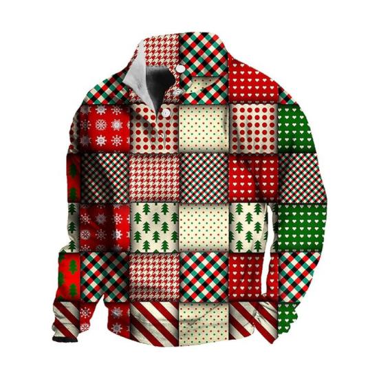 Men Christmas Top 3D Snowflake Printing Buttoned Stand Collar Plus Size Long Sleeves Mid Length Pullover Festive Holiday Sweatshirt