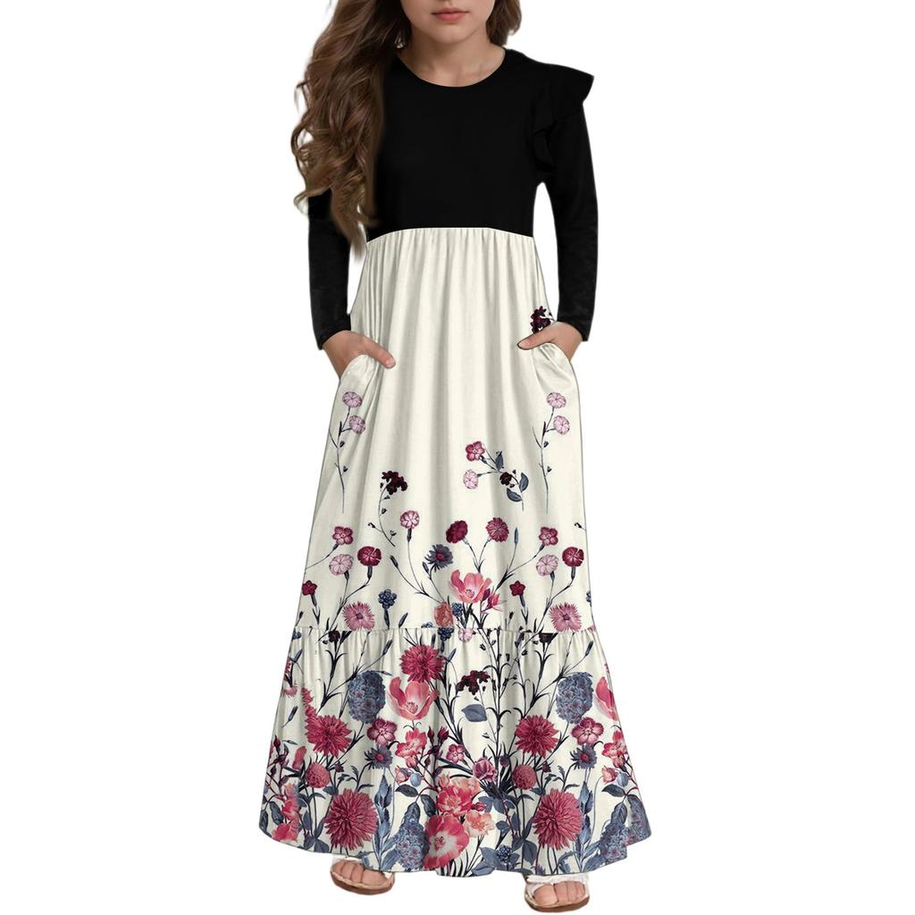 Girls' Tiered Ruffle Dress - Long Sleeve Printed Maxi With Pockets