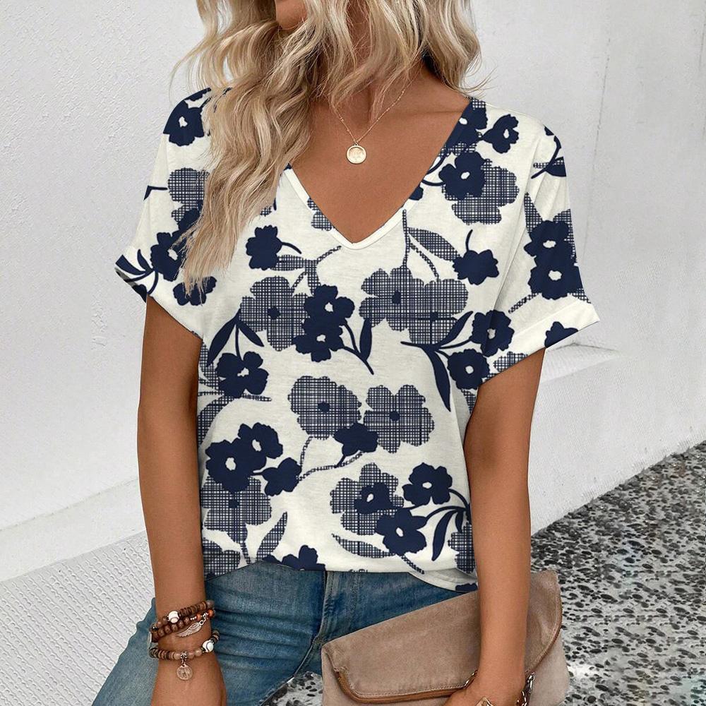 Elegant Women's V-Neck T-Shirt Fashion Floral Pattern Print T-Shirt Popular Women's Short Sleeve T-Shirt Summer Leisure T-Shirt