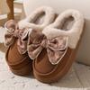 Fashion Thick Soled Women's Slippers 2024 New Winter Bow Decoration Home Interior with Plush Insulation Anti Slip Properties Platform
