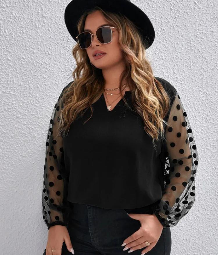 Plus Size Spring Notch Neck Polka Dot Mesh Sleeve Blouse Women Autumn Black Elegant Office Ladies Tops and Blouses
