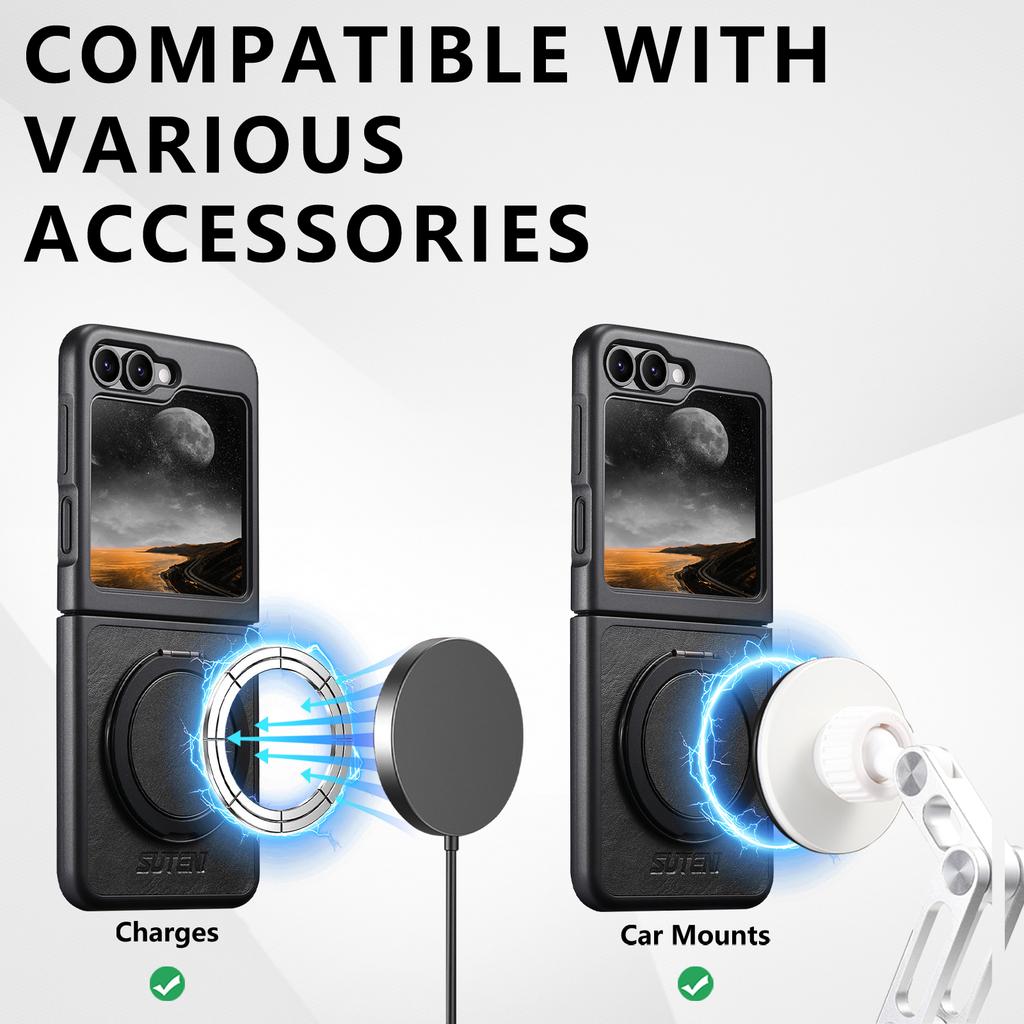 SUTENI G3 For Samsung Galaxy Z Flip5 5G Magnetic Case Waxy Texture Rotating Kickstand Leather Phone Back Cover