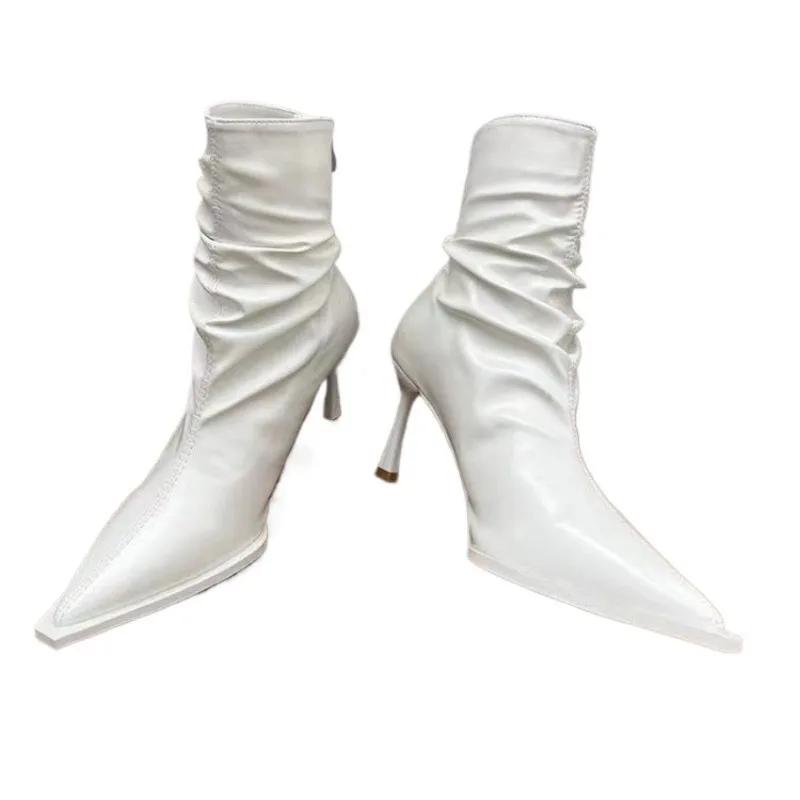 Fashion 2024 Hot Sale Ladies Shoes Mid-Calf Women's Boots Elegant Modern Boots Women Sewing Pointed Toe Back Zip Thin Heels Shoes Women