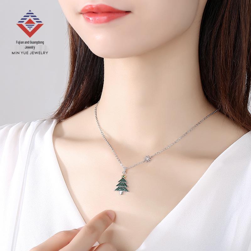 Sterling Silver Christmas Tree Pendant Necklace for Women - Trendy Gift for Girlfriend