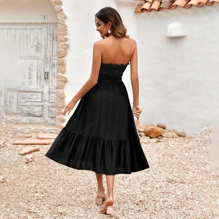 Women Summer Casual Sleeveless Strapless A-Line High Waist Solid Color One Collar Dresses Spring S-XL Middle Long Dress