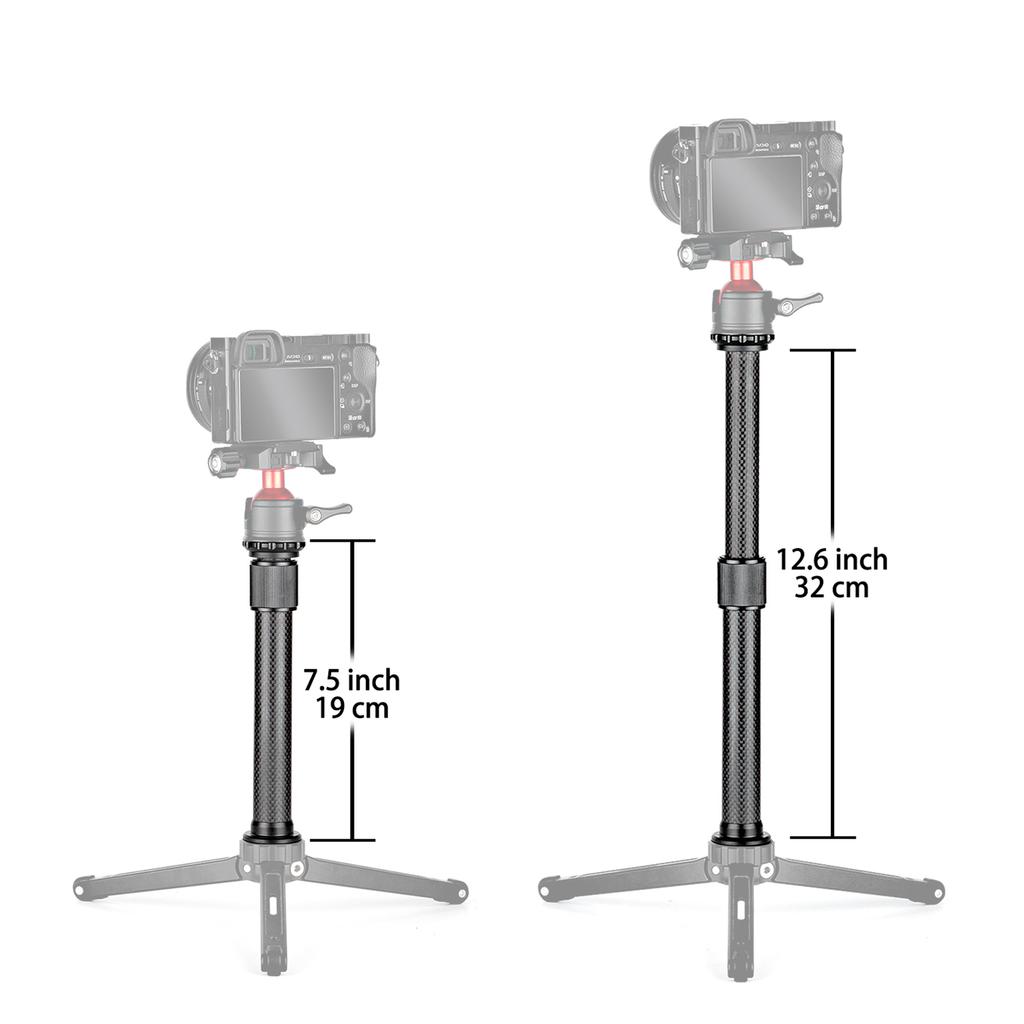 Carbon Tripod Extension Pole, 2-Section Extendable Rod . Height 32cm 12.6inch with 1-4inch Screw for Tripod Monopod