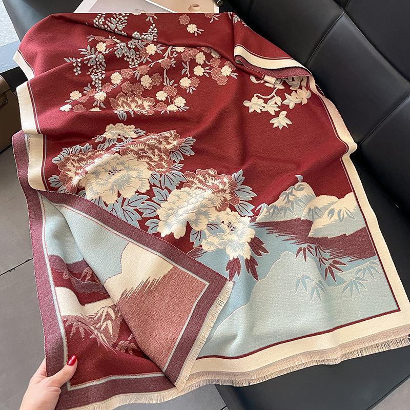 Winter Office Imitation Cashmere Blanket Warm Shawl Send Mother Retro Flower Air-conditioned Room Scarf Woman