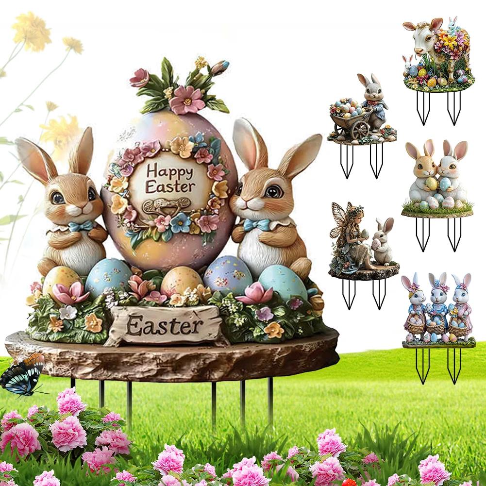Пасхальный кролик садовый колышек акриловый пасхальный знак двора 2D плоские весенние знаки газона пасхальные колышки для газона пасхальное украшение для улицы