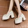 Модные белые туфли на платформе и высоком каблуке для женщин Мэри Джейн Туфли на толстом каблуке с бантами Элегантные женские туфли-лодочки на каблуке с круглым носком Женская свадебная обувь