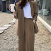 2 Pcs/Set Lady Formal Coat Pants Set Long Sleeves Open Stitch Cardigan Mid Length Jacket Loose Straight Wide Leg High Waist Trousers Formal