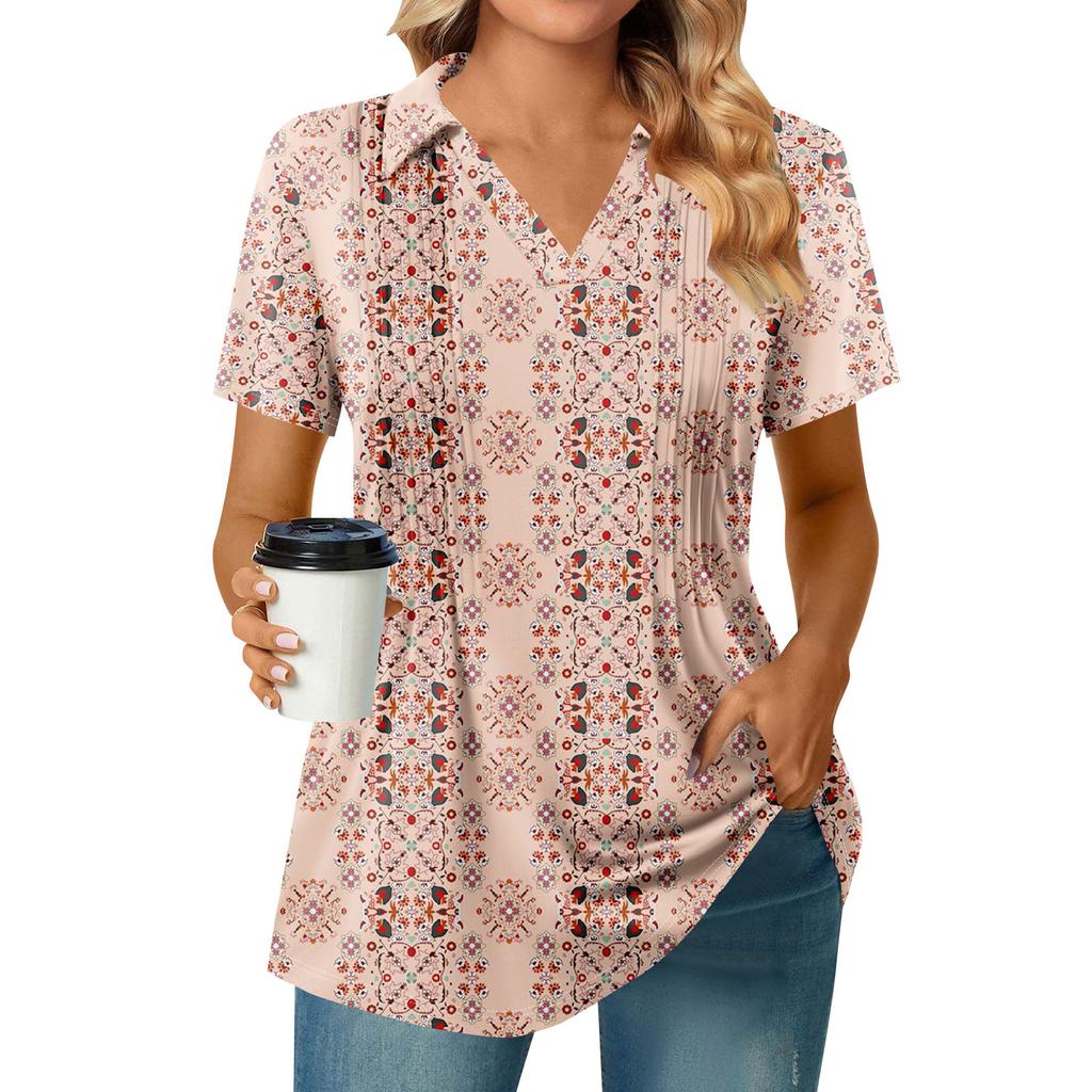 Женские футболки с коротким рукавом, плиссированные, с V-образным вырезом, с принтом, с воротником, летние топы, модные, деловые, повседневные, рабочие