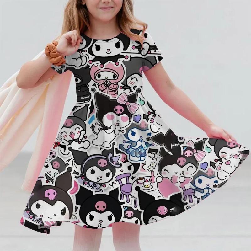 Sanrio 2026Новое летнее платье для девочек Модное мультяшное милое Hello Kitty 3D-печать Платья для девочек с коротким рукавом Одежда для принцесс на каникулы