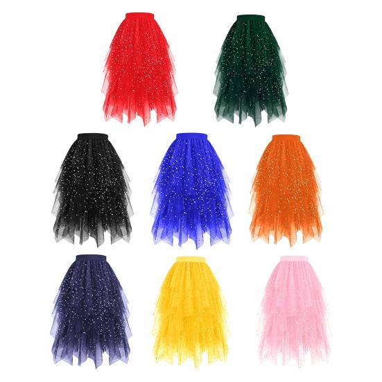 Женская юбка Звездное небо Двухслойная сетка Высокая талия Неровный подол Асимметричный высокий разрез Юбка для вечеринки/выступления