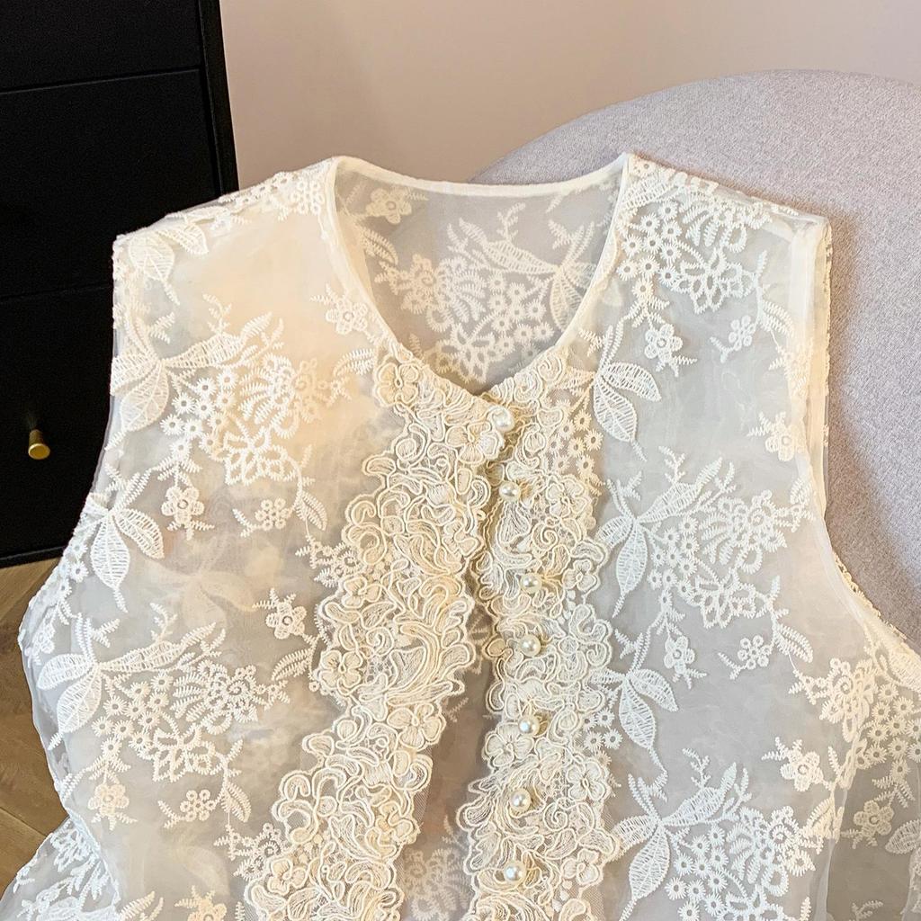 Women's Summer Organza Vest: Embroidered Sequins, Pearl Buttons, Sleeveless National Style
