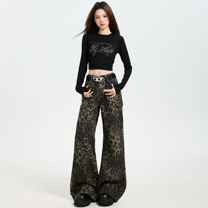 Leopard print tooling denim flared pants women's early autumn new design sense American retro micro-pull pants
