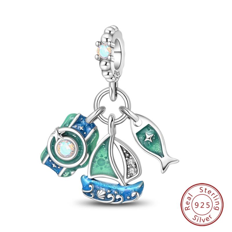 New Summer Day 925 Silver Seaside Sailboat Coconut Tree Sunglasses Camera Charms Beads Fit DIY Silver Bracelets Jewelry