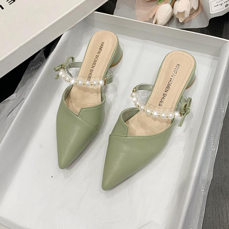 Летние новые корейские тапочки Baotou женские мюли толстый каблук острый нос туфли на высоком каблуке жемчужные полосатые тапочки Pantuflas De Mujer