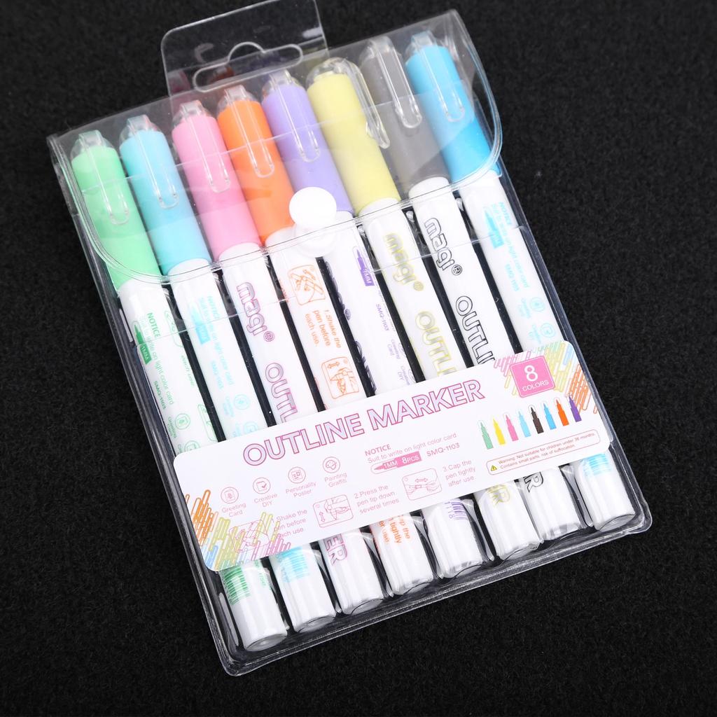 Double Line Pen 8 / 12 Colors 1-3MM Multicolor Glitter Marker Colorful Highlighter Fluorescent Marker Outline Pens