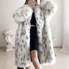 Plus Size Leopard Long Faux Fur Winter Coat Women Jacket Thick Warm Fluffy Furry Fox Fur Lapel Plush Overcoat