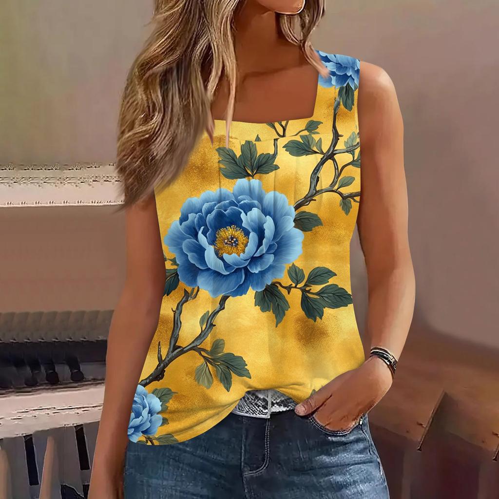 Женская плиссированная футболка без рукавов с квадратным вырезом и цветочным принтом