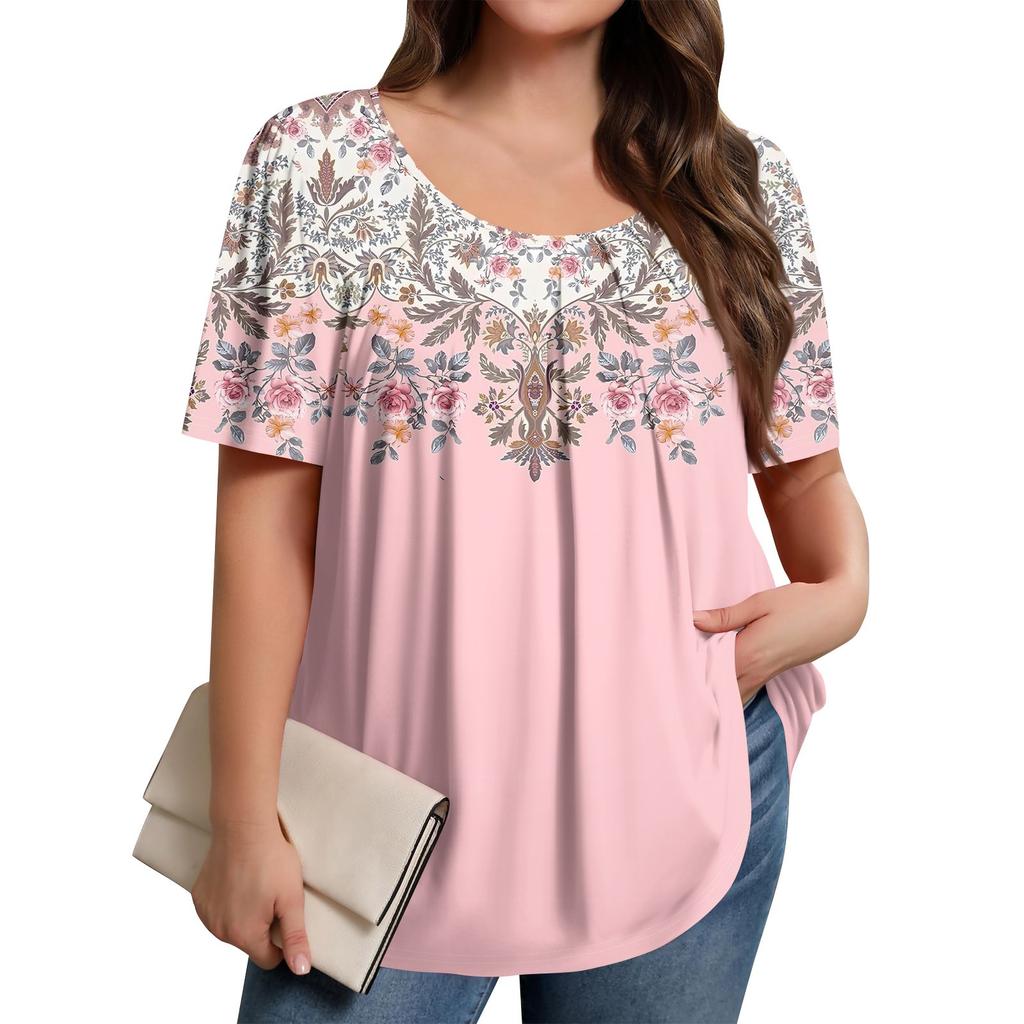Plus Size Women's Casual Round Neck Pleated Short Sleeve Solid Color Top