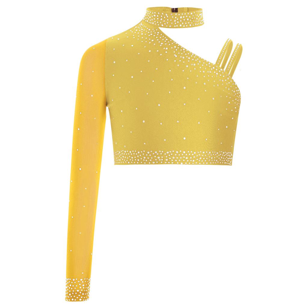 Girls Irregular Shoulder Sparkly Rhinestones Crop Top Dance Performance Stage Costume