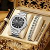 LP62 New 4pcs Alloy Square Men Quartz Movement Watch Waterproof Business Watch Cross Necklace Bracelet Ring Set Selected Gift